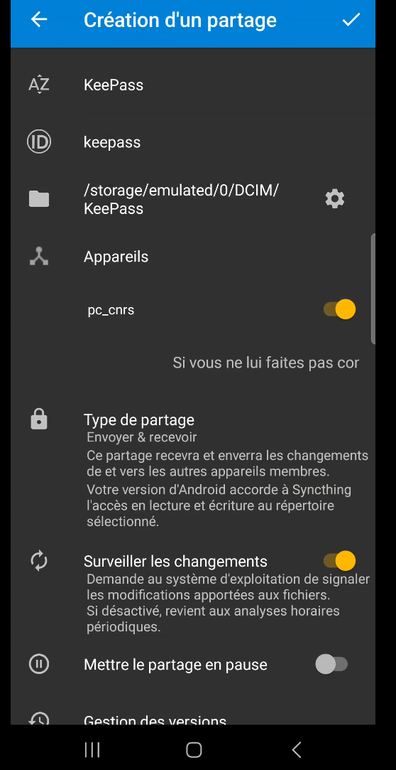 Figure 45 : Création partage sur téléphone